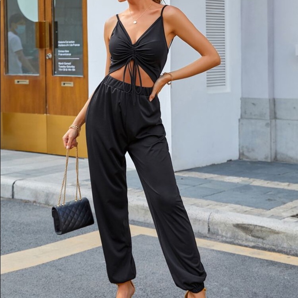 Drawstring Tie Front Cut Out Cami Jumpsuit